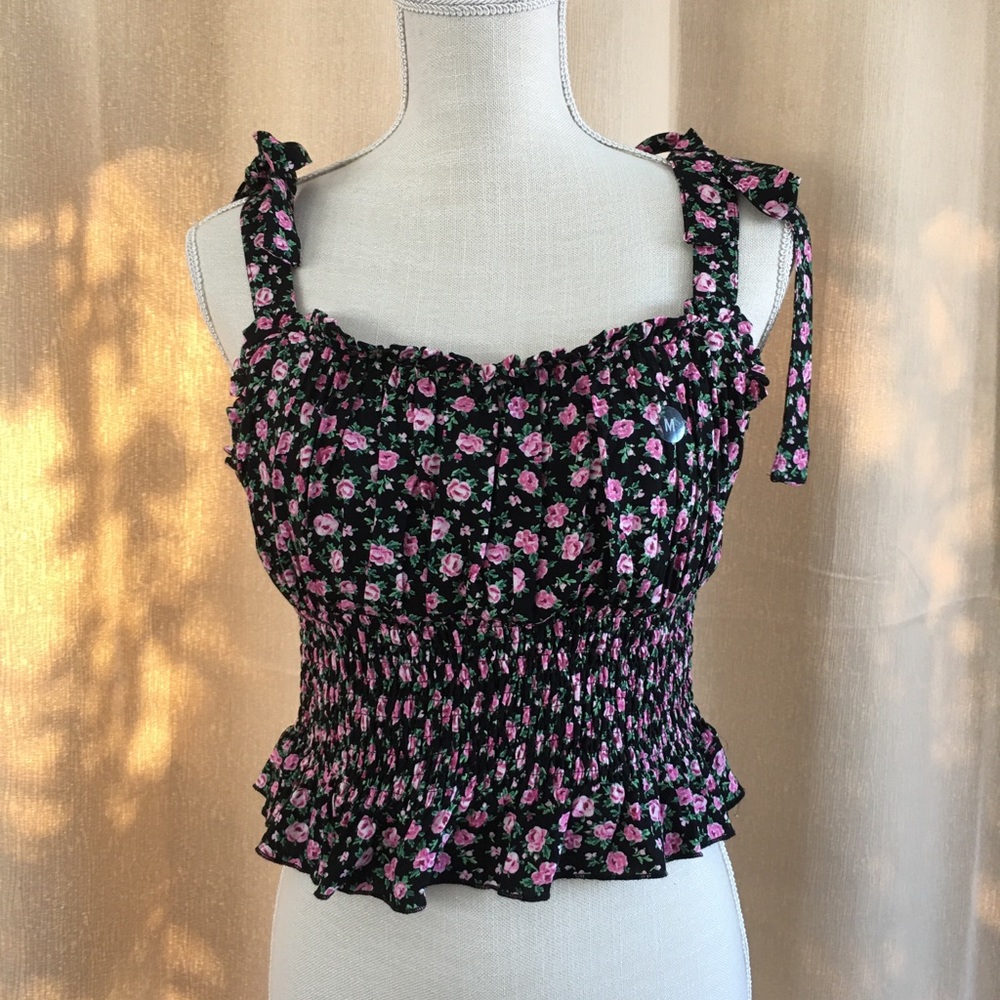 NWT! PacSun, Lottie Moss, Black Top with Pink Rose Floral Print